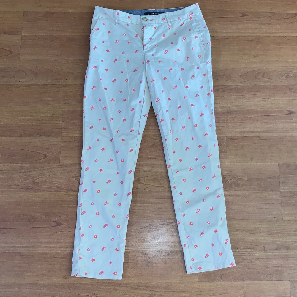Khaki skinny jeans w/ pink flowers. Tommy Hilfiger